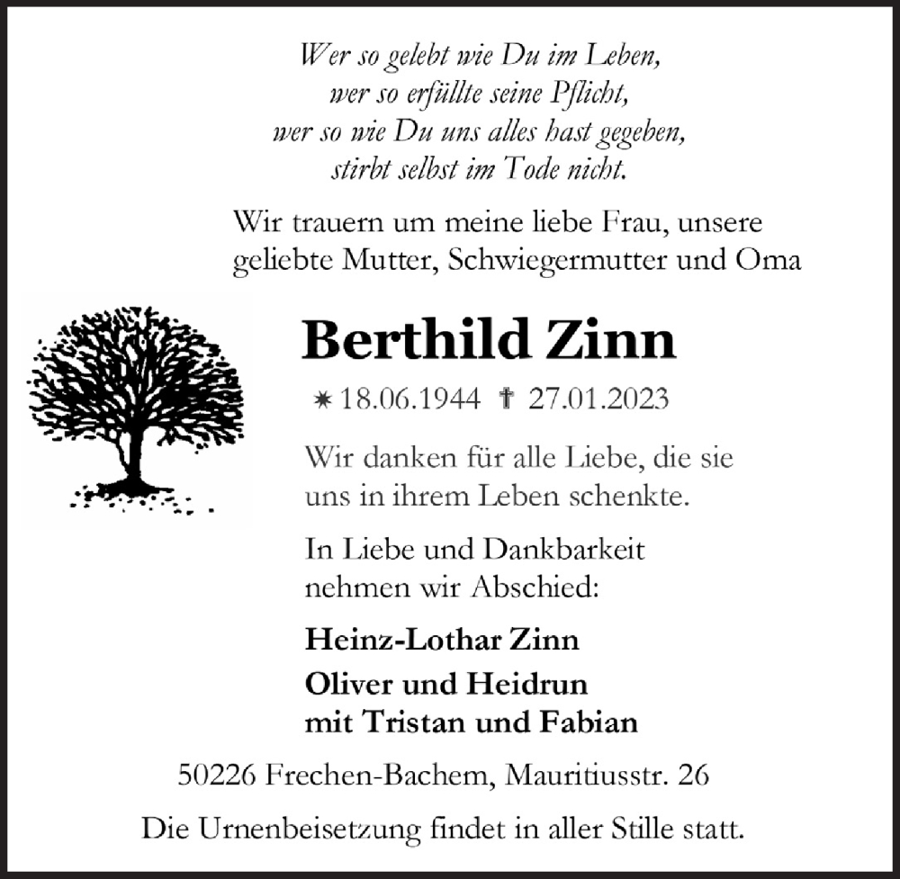  Traueranzeige für Berthild Zinn vom 03.02.2023 aus  Wochenende 