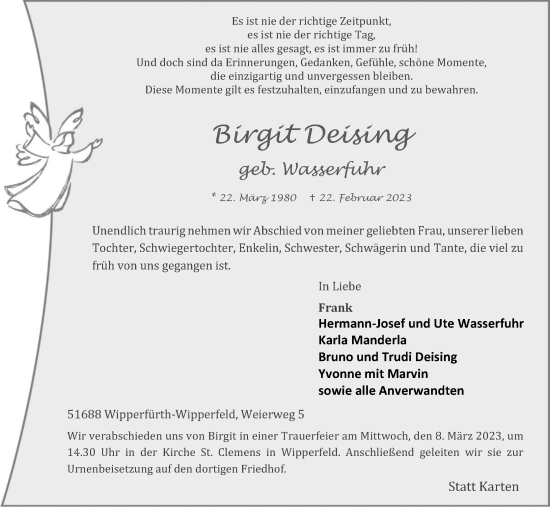 Anzeige von Birgit Deising von Kölner Stadt-Anzeiger / Kölnische Rundschau / Express