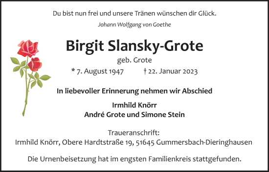 Anzeige von Birgit Slansky-Grote von Kölner Stadt-Anzeiger / Kölnische Rundschau / Express