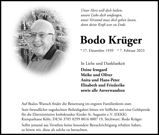 Anzeige von Bodo Krüger von Kölner Stadt-Anzeiger / Kölnische Rundschau / Express