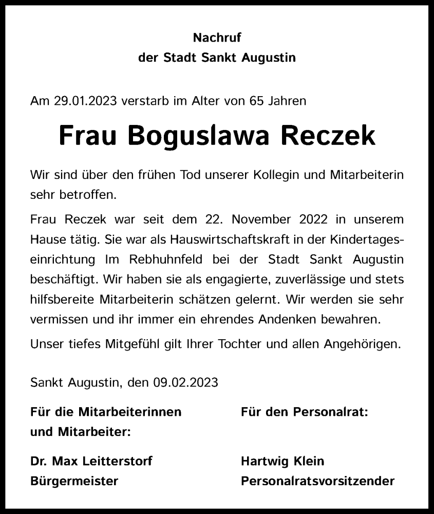  Traueranzeige für Boguslawa Reczek vom 18.02.2023 aus Kölner Stadt-Anzeiger / Kölnische Rundschau / Express