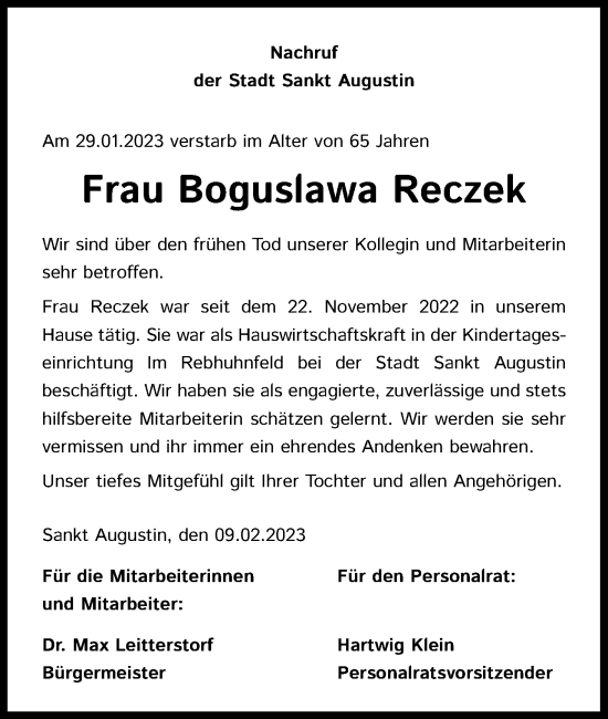Anzeige von Boguslawa Reczek von Kölner Stadt-Anzeiger / Kölnische Rundschau / Express