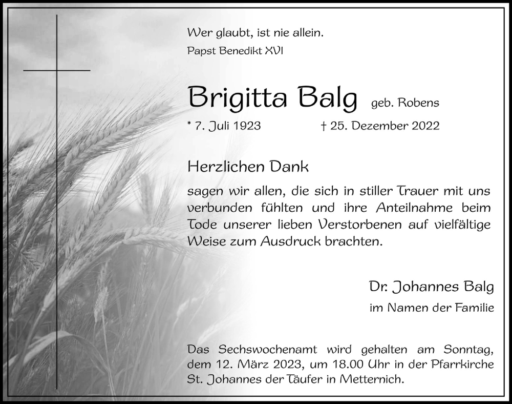  Traueranzeige für Brigitta Balg vom 18.02.2023 aus  Blickpunkt Euskirchen 