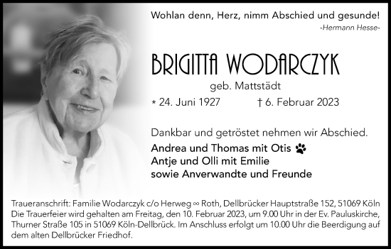 Anzeige von Brigitta Wodarczyk von Kölner Stadt-Anzeiger / Kölnische Rundschau / Express