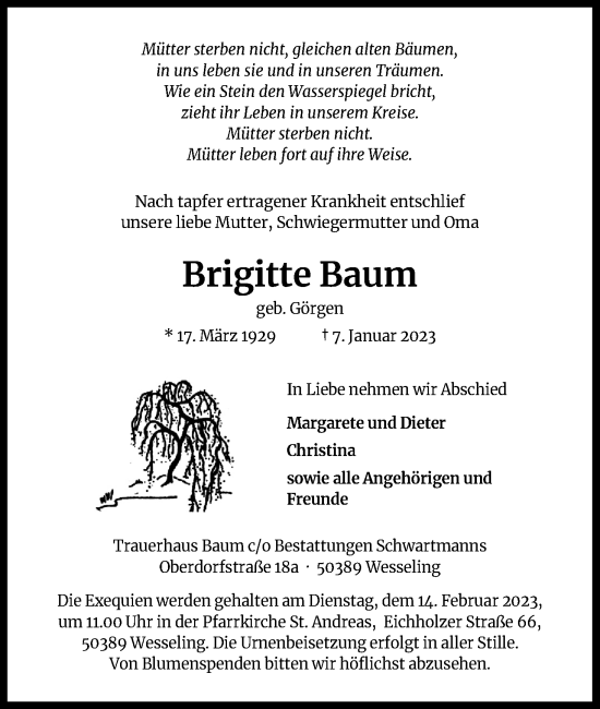 Anzeige von Brigitte Baum von Kölner Stadt-Anzeiger / Kölnische Rundschau / Express
