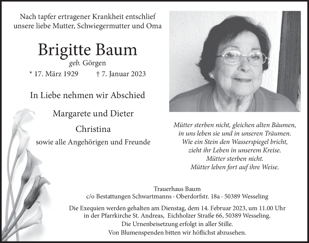  Traueranzeige für Brigitte Baum vom 03.02.2023 aus  Schlossbote/Werbekurier 