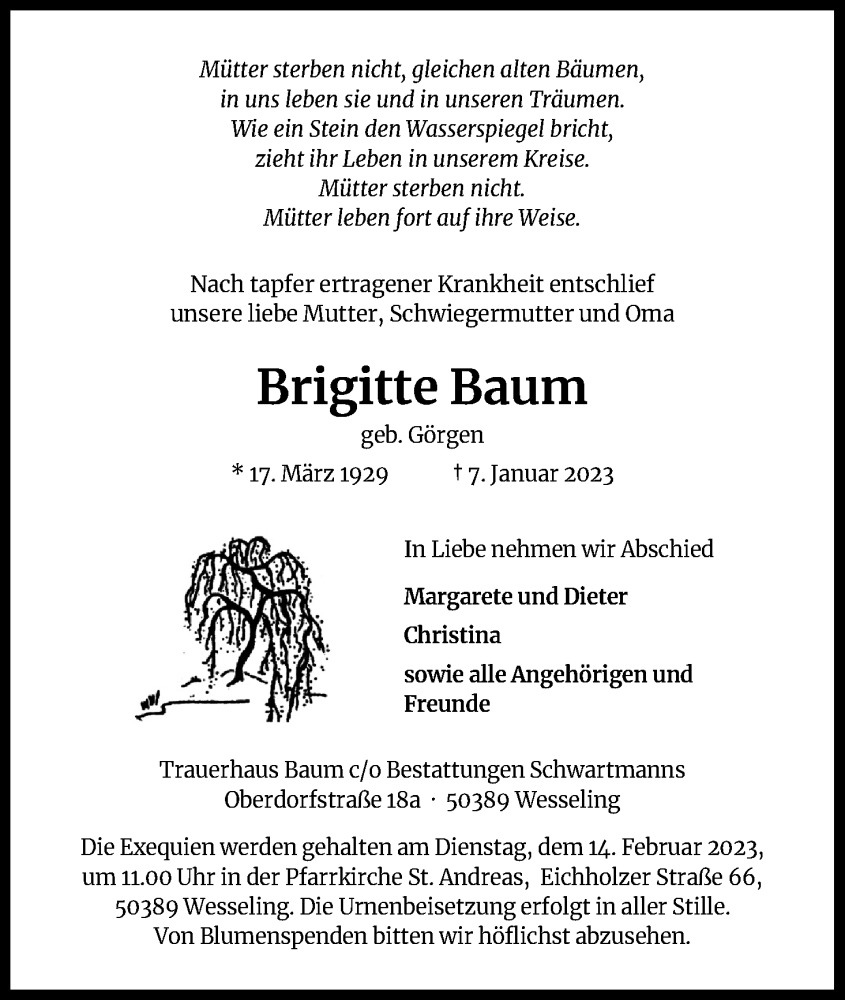  Traueranzeige für Brigitte Baum vom 04.02.2023 aus Kölner Stadt-Anzeiger / Kölnische Rundschau / Express