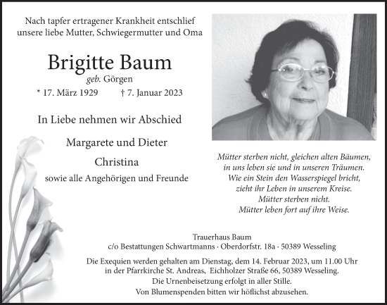 Anzeige von Brigitte Baum von  Schlossbote/Werbekurier 