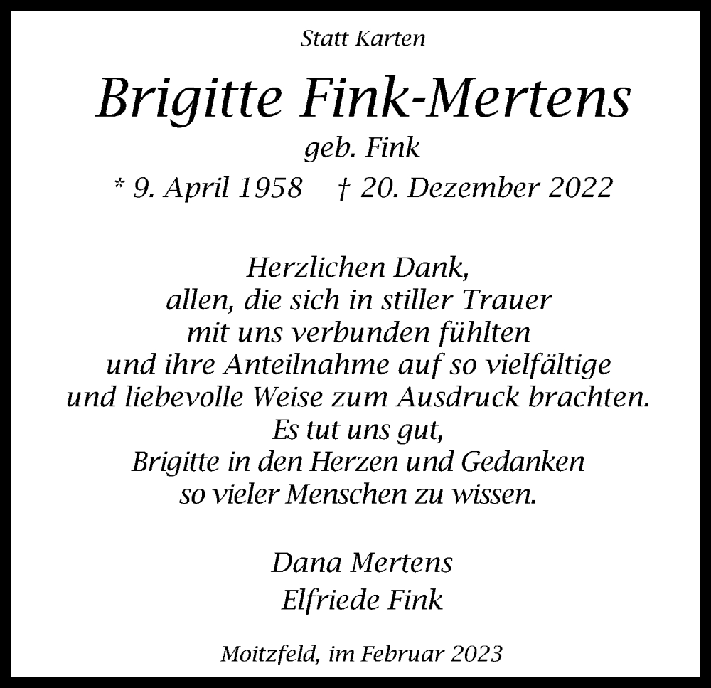  Traueranzeige für Brigitte Fink-Mertens vom 11.02.2023 aus Kölner Stadt-Anzeiger / Kölnische Rundschau / Express