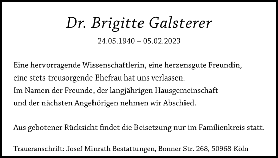 Anzeige von Brigitte Galsterer von Kölner Stadt-Anzeiger / Kölnische Rundschau / Express