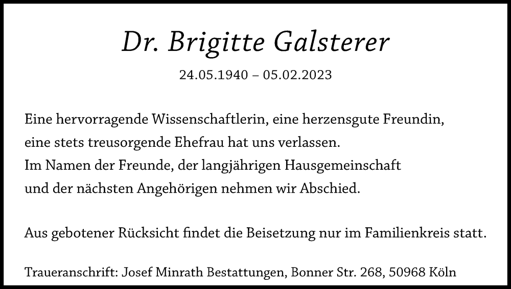  Traueranzeige für Brigitte Galsterer vom 18.02.2023 aus Kölner Stadt-Anzeiger / Kölnische Rundschau / Express
