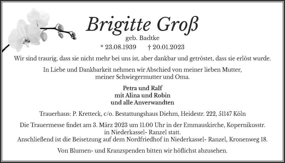  Traueranzeige für Brigitte Groß vom 24.02.2023 aus  EXPRESS - Die Woche 