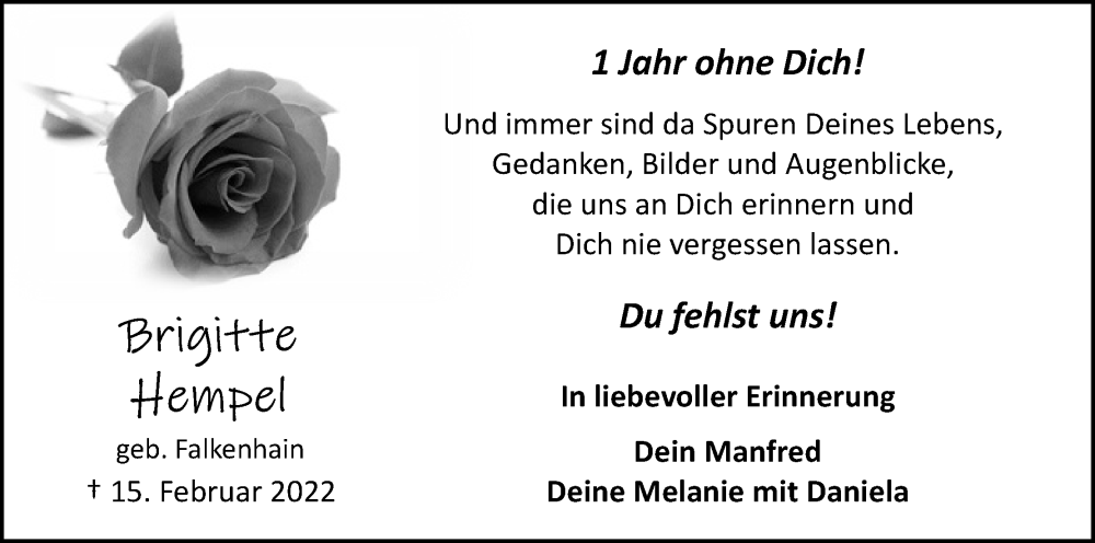 Traueranzeige für Brigitte Hempel vom 15.02.2023 aus Kölner Stadt-Anzeiger / Kölnische Rundschau / Express