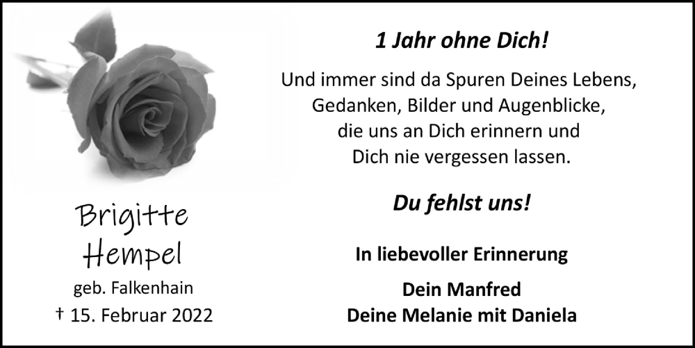  Traueranzeige für Brigitte Hempel vom 17.02.2023 aus  Anzeigen Echo 