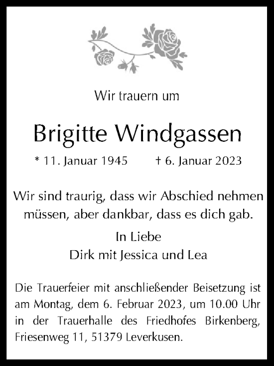Anzeige von Brigitte Windgassen von Kölner Stadt-Anzeiger / Kölnische Rundschau / Express