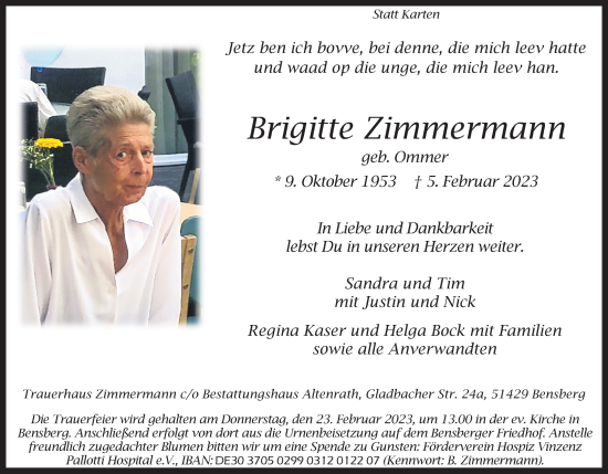Anzeige von Brigitte Zimmermann von Kölner Stadt-Anzeiger / Kölnische Rundschau / Express