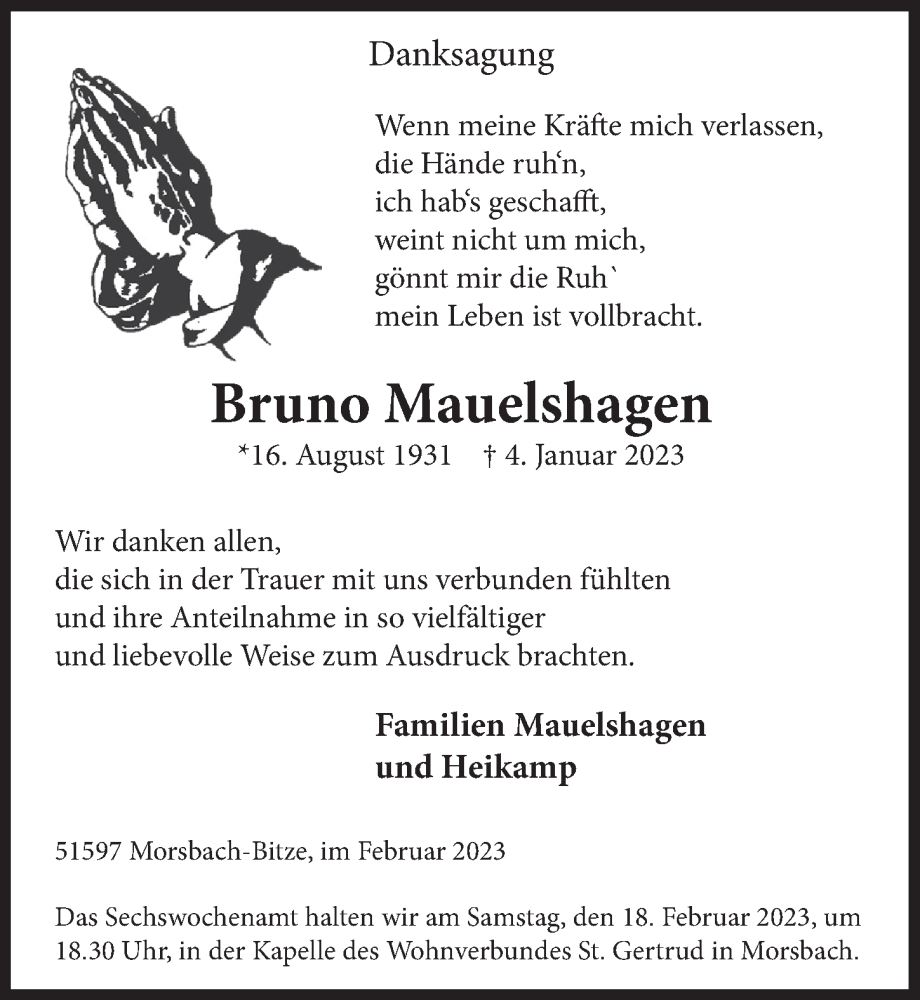  Traueranzeige für Bruno Mauelshagen vom 10.02.2023 aus  Lokalanzeiger 