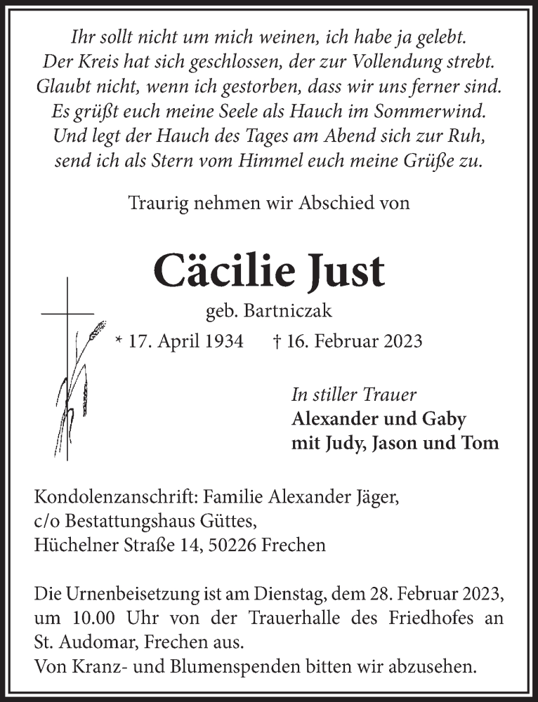  Traueranzeige für Cäcilie Just vom 24.02.2023 aus  Wochenende 