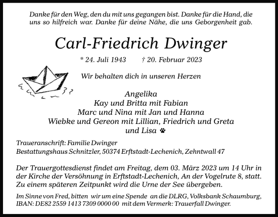 Anzeige von Carl-Friedrich Dwinger von Kölner Stadt-Anzeiger / Kölnische Rundschau / Express