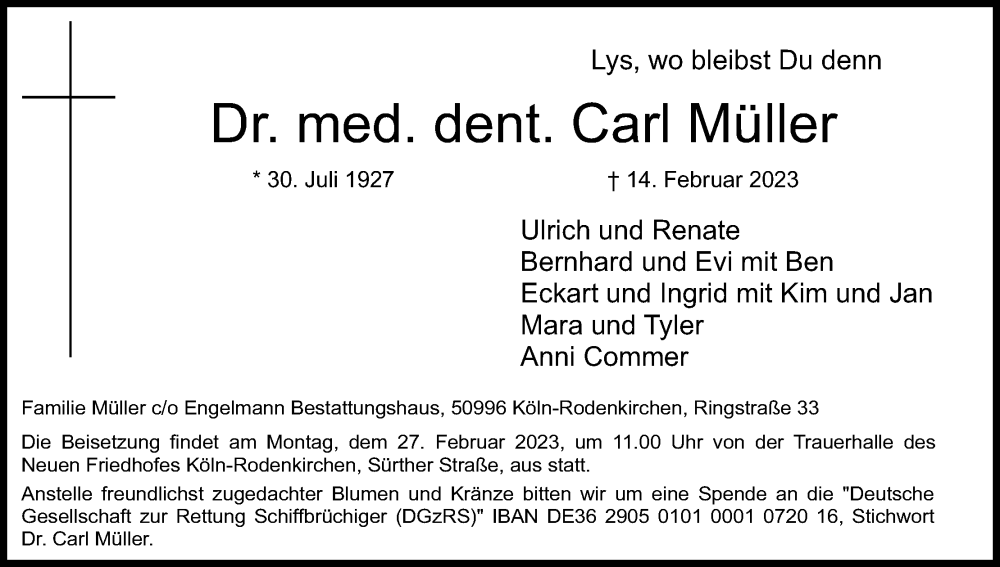  Traueranzeige für Carl Müller vom 22.02.2023 aus Kölner Stadt-Anzeiger / Kölnische Rundschau / Express