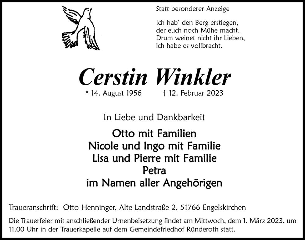  Traueranzeige für Cerstin Winkler vom 24.02.2023 aus  Anzeigen Echo 