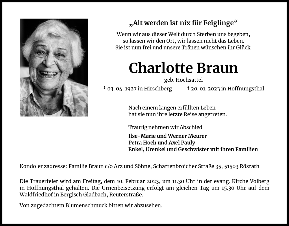  Traueranzeige für Charlotte Braun vom 04.02.2023 aus Kölner Stadt-Anzeiger / Kölnische Rundschau / Express