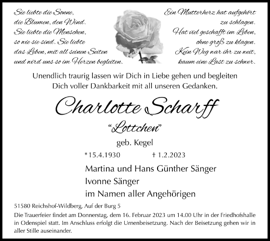 Anzeige von Charlotte Scharff von  Lokalanzeiger 