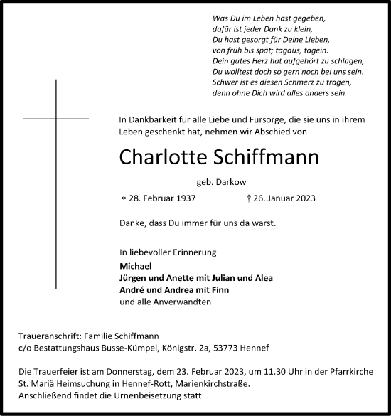 Anzeige von Charlotte Schiffmann von Kölner Stadt-Anzeiger / Kölnische Rundschau / Express