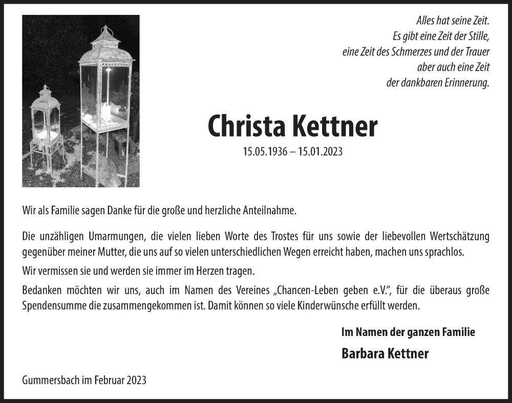  Traueranzeige für Christa Kettner vom 17.02.2023 aus  Anzeigen Echo 