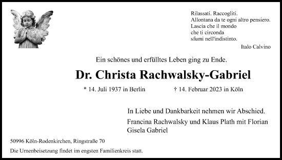 Anzeige von Christa Rachwalsky-Gabriel von Kölner Stadt-Anzeiger / Kölnische Rundschau / Express