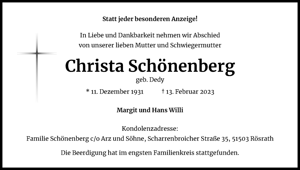  Traueranzeige für Christa Schönenberg vom 25.02.2023 aus Kölner Stadt-Anzeiger / Kölnische Rundschau / Express