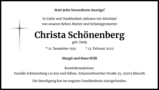 Anzeige von Christa Schönenberg von Kölner Stadt-Anzeiger / Kölnische Rundschau / Express