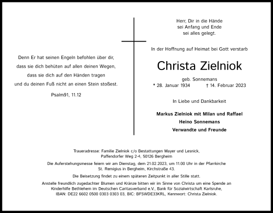 Anzeige von Christa Zielniok von Kölner Stadt-Anzeiger / Kölnische Rundschau / Express