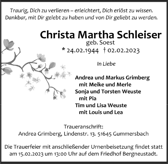 Anzeige von Christa Martha Schleiser von  Anzeigen Echo 