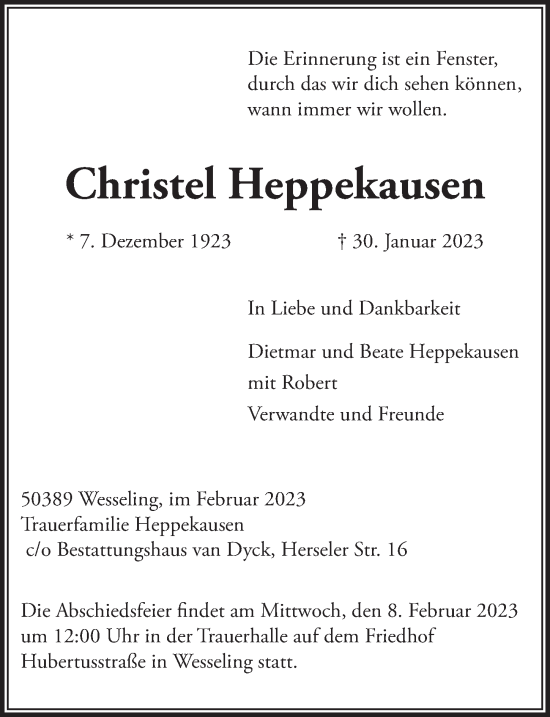 Anzeige von Christel Heppekausen von  Schlossbote/Werbekurier 