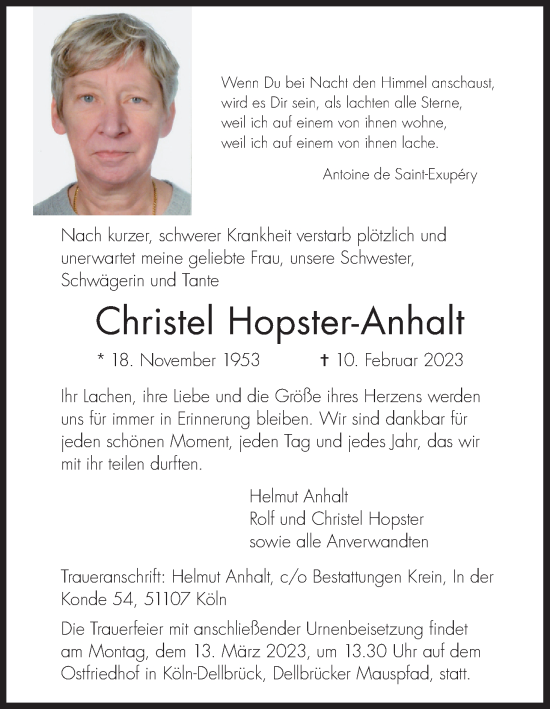 Anzeige von Christel Hopster-Anhalt von Kölner Stadt-Anzeiger / Kölnische Rundschau / Express