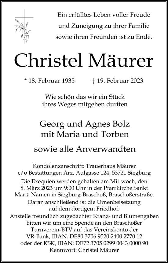 Anzeige von Christel Mäurer von Kölner Stadt-Anzeiger / Kölnische Rundschau / Express