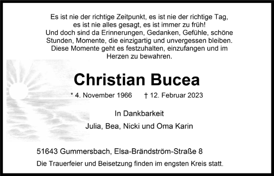 Anzeige von Christian Bucea von  Anzeigen Echo 