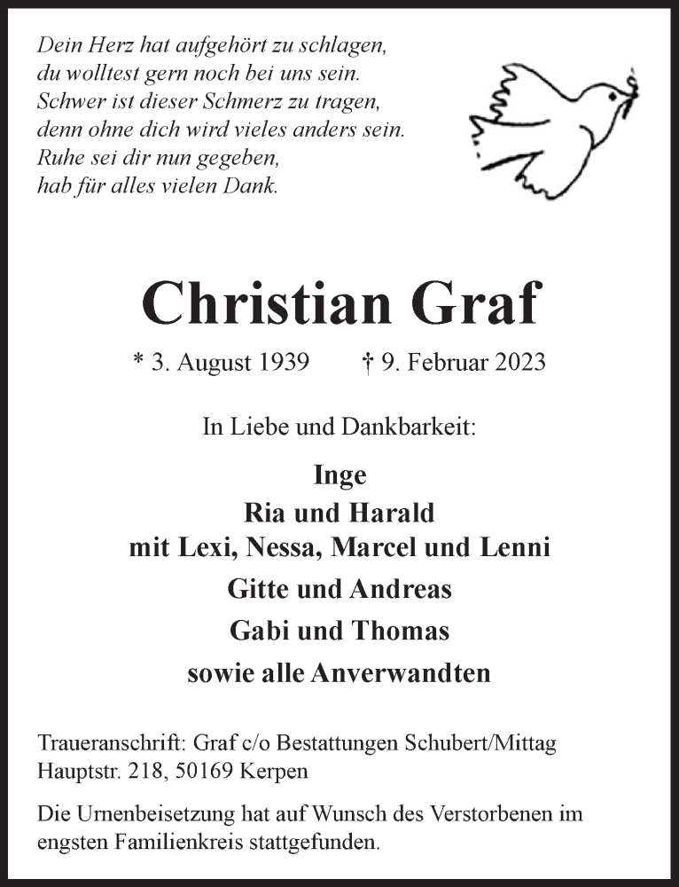  Traueranzeige für Christian Graf vom 24.02.2023 aus  Wochenende 