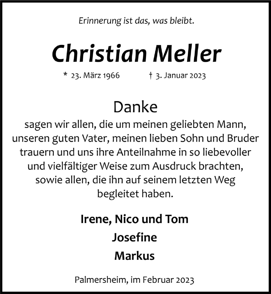  Traueranzeige für Christian Meller vom 18.02.2023 aus  Blickpunkt Euskirchen 