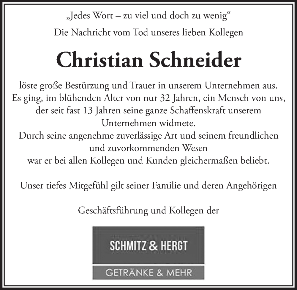  Traueranzeige für Christian Schneider vom 10.02.2023 aus  Lokalanzeiger 