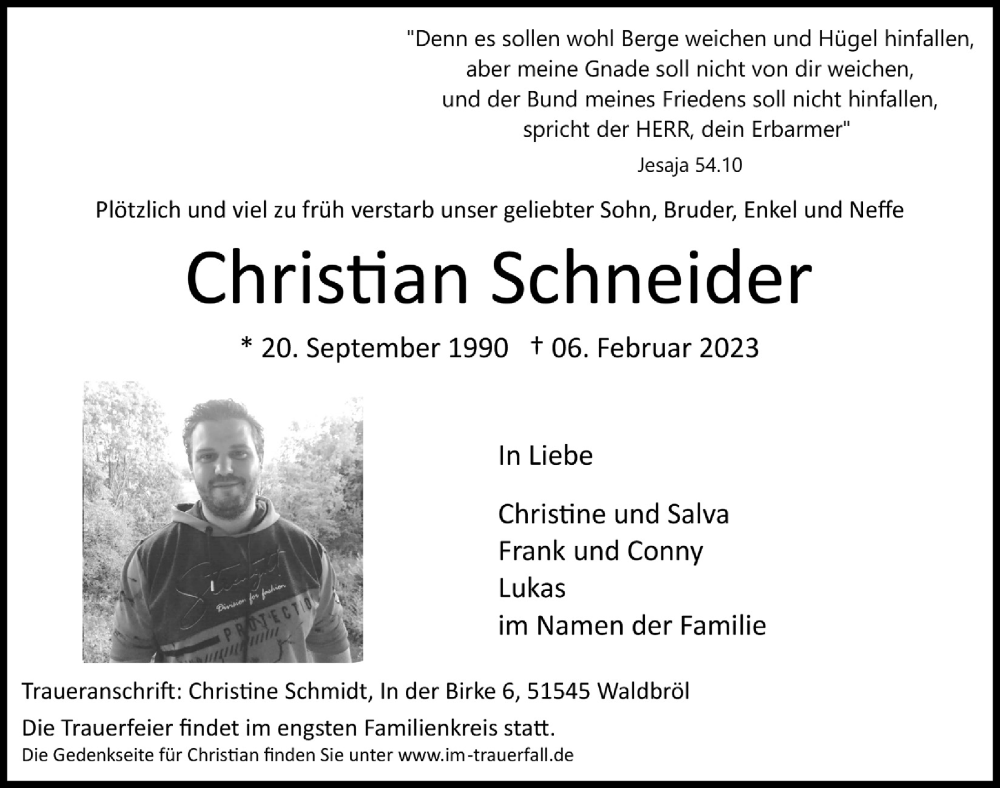  Traueranzeige für Christian Schneider vom 10.02.2023 aus  Lokalanzeiger 