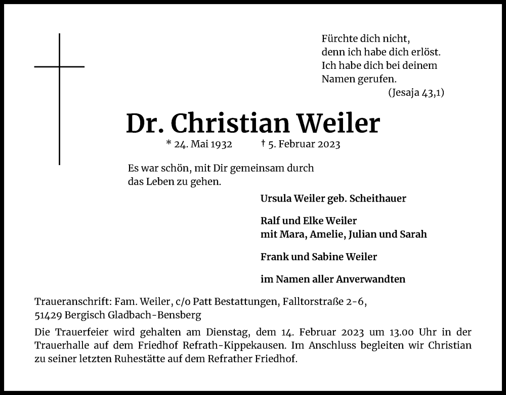  Traueranzeige für Christian Weiler vom 11.02.2023 aus Kölner Stadt-Anzeiger / Kölnische Rundschau / Express