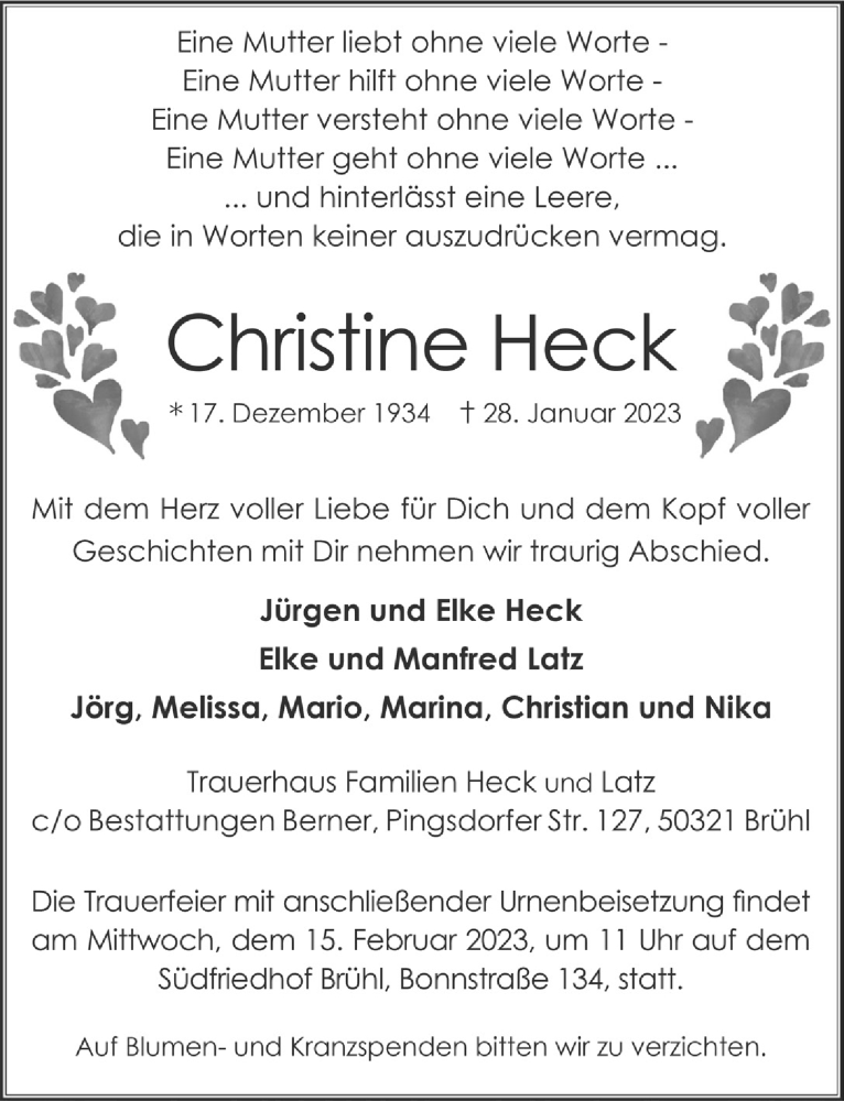  Traueranzeige für Christine Heck vom 10.02.2023 aus  Schlossbote/Werbekurier 