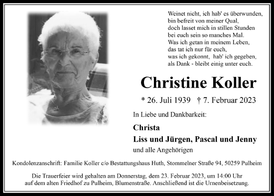 Anzeige von Christine Koller von  Wochenende 