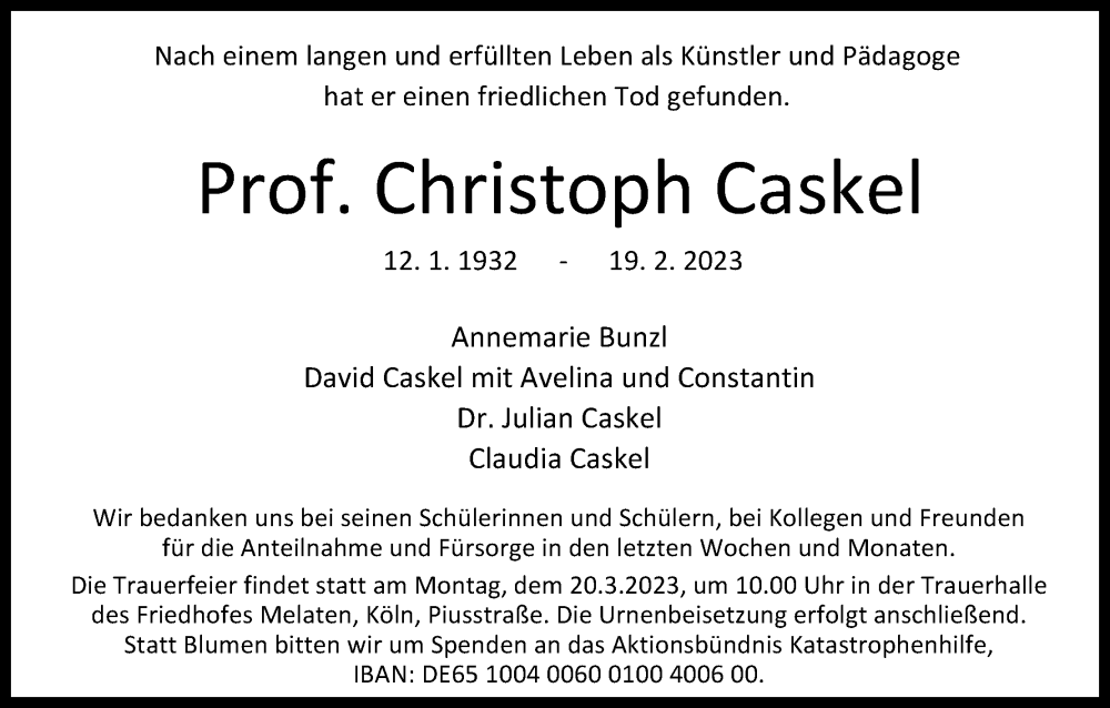  Traueranzeige für Christoph Caskel vom 25.02.2023 aus Kölner Stadt-Anzeiger / Kölnische Rundschau / Express