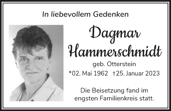 Anzeige von Dagmar Hammerschmidt von  Schlossbote/Werbekurier 