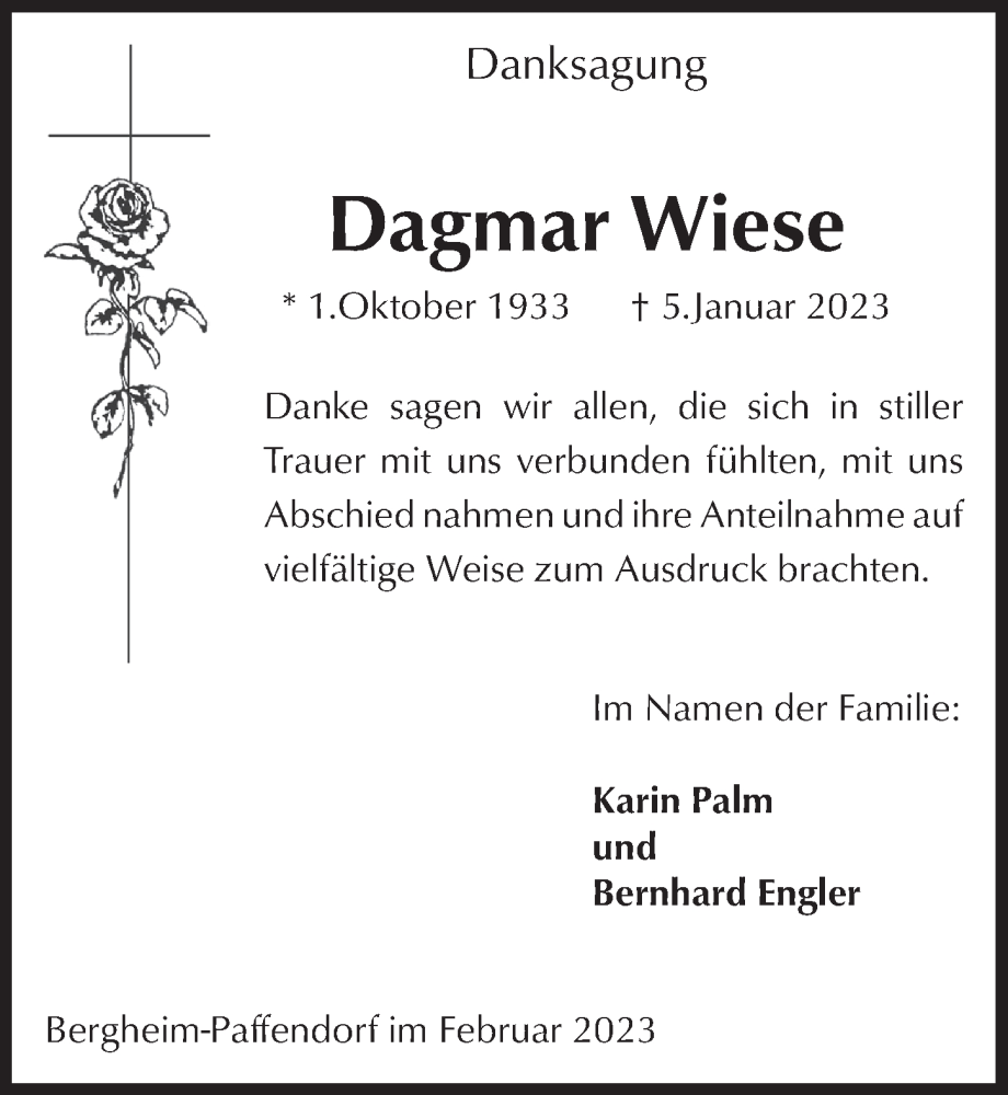 Traueranzeige für Dagmar Wiese vom 10.02.2023 aus  Werbepost 