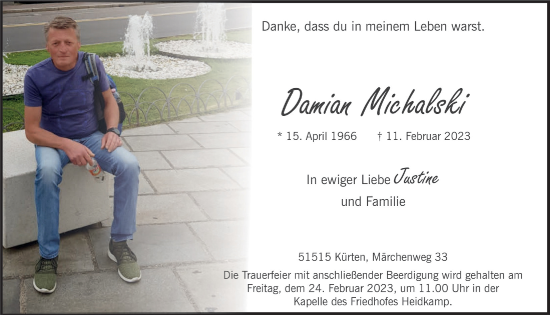 Anzeige von Damian Michalski von  Bergisches Handelsblatt 