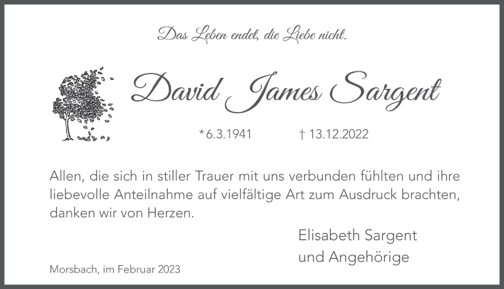  Traueranzeige für David James Sargent vom 03.02.2023 aus  Lokalanzeiger 